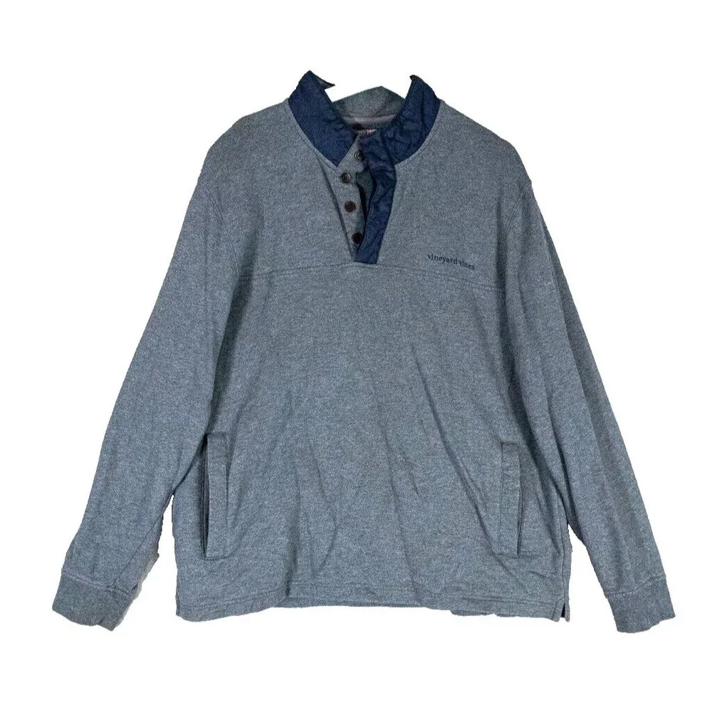 Vineyard Vines Gray Cotton 1/4 Button Pullover Sweater Nylon Collar Men's XL